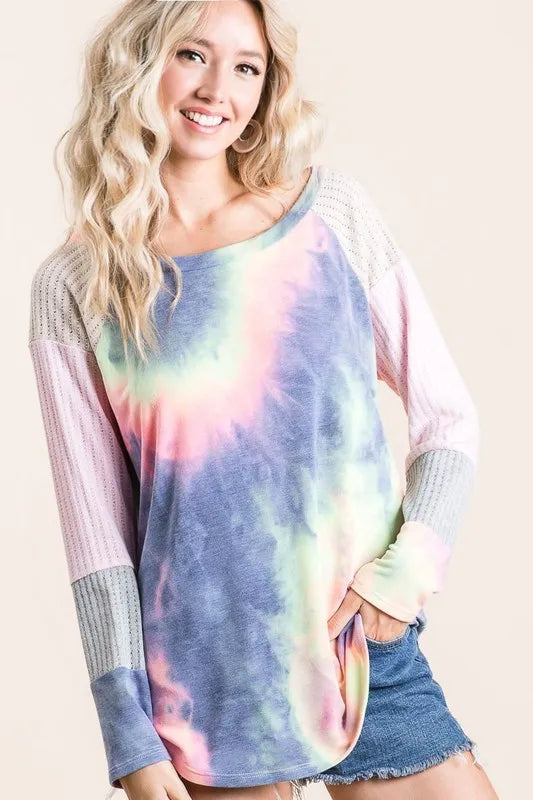 BiBi Tie Dye Terry Top With Color Block Pointelle Knit Tops