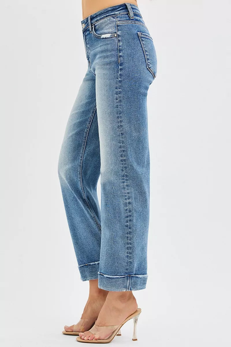 RISEN Full Size Mid Rise Crop Straight Jeans with Taylor Cuffed Plus Size | Jeans Daverri Fashions