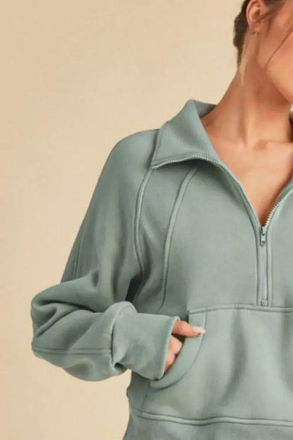 Aemi + Co Half Zip Raglan Sleeve Sweatshirt with Kangaroo Pocket - DAVERRI FASHIONS