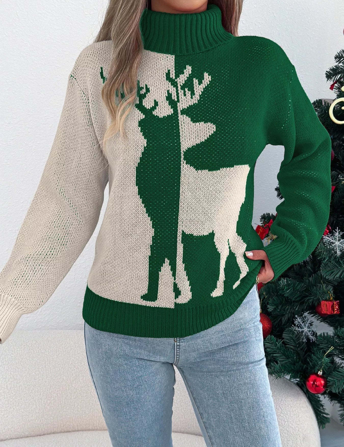 Green Christmas Reindeer Turtleneck Sweater | Sweaters Daverri Fashions
