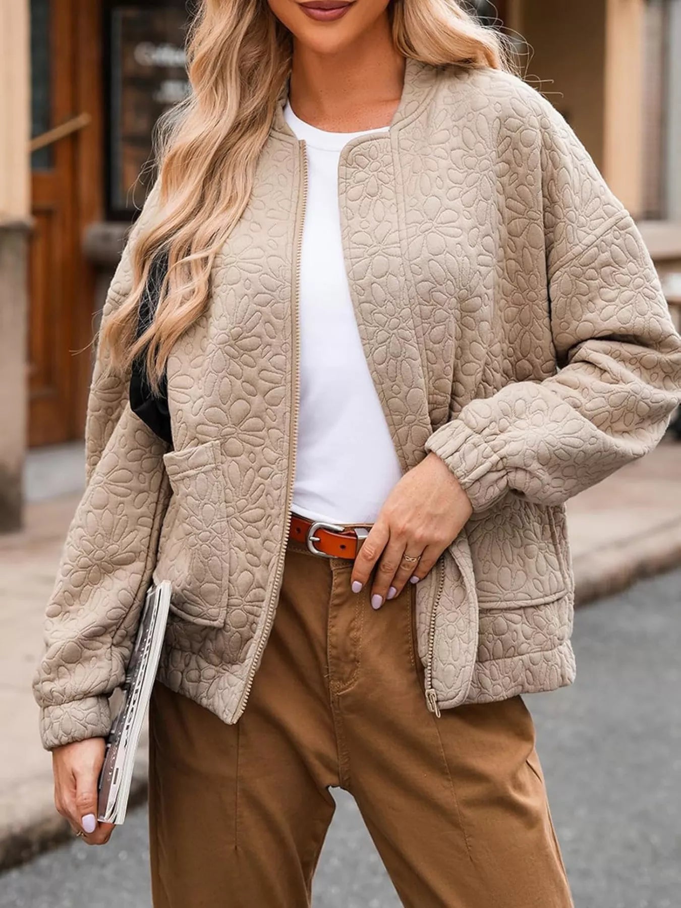 Daverri full size floral quilted zip up bomber jacket in beige with leaf pattern