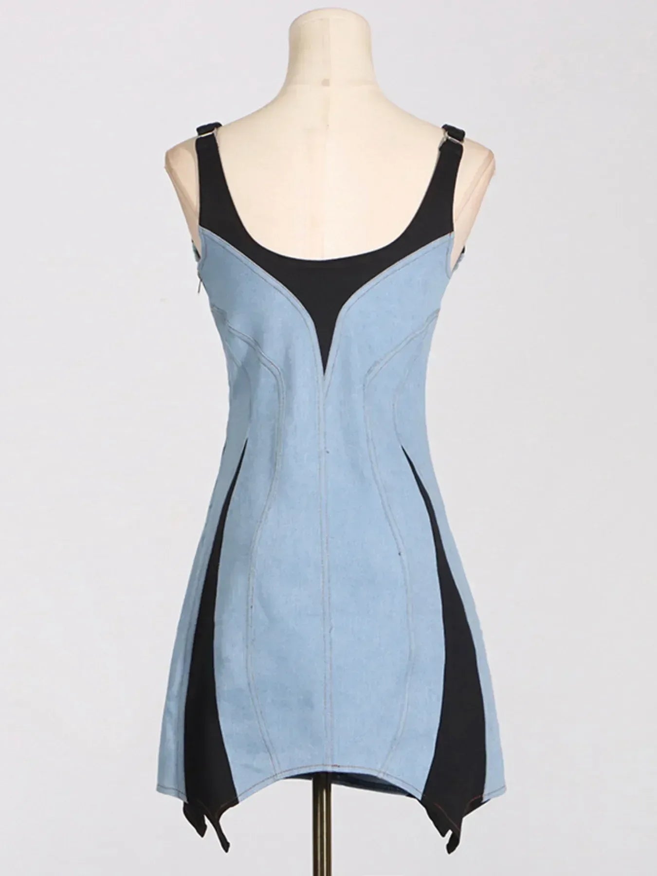 Contrast Adjustable Strap Denim Dress - DAVERRI FASHIONS