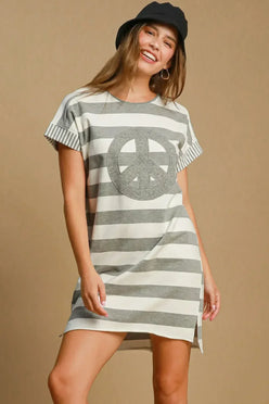 Umgee Peace Applique Striped Short Sleeve Mini Dress - DAVERRI FASHIONS