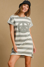 Umgee Peace Applique Striped Short Sleeve Mini Dress Gray