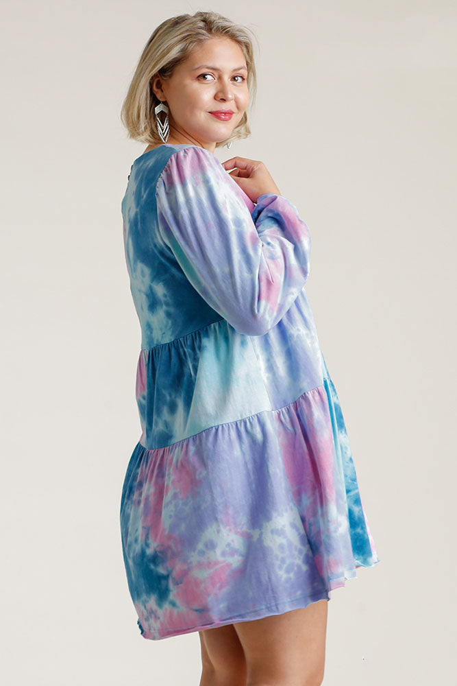 Tie Dye Round Neck Long Sleeve Babydoll Tiered Dress Babydoll Dresses