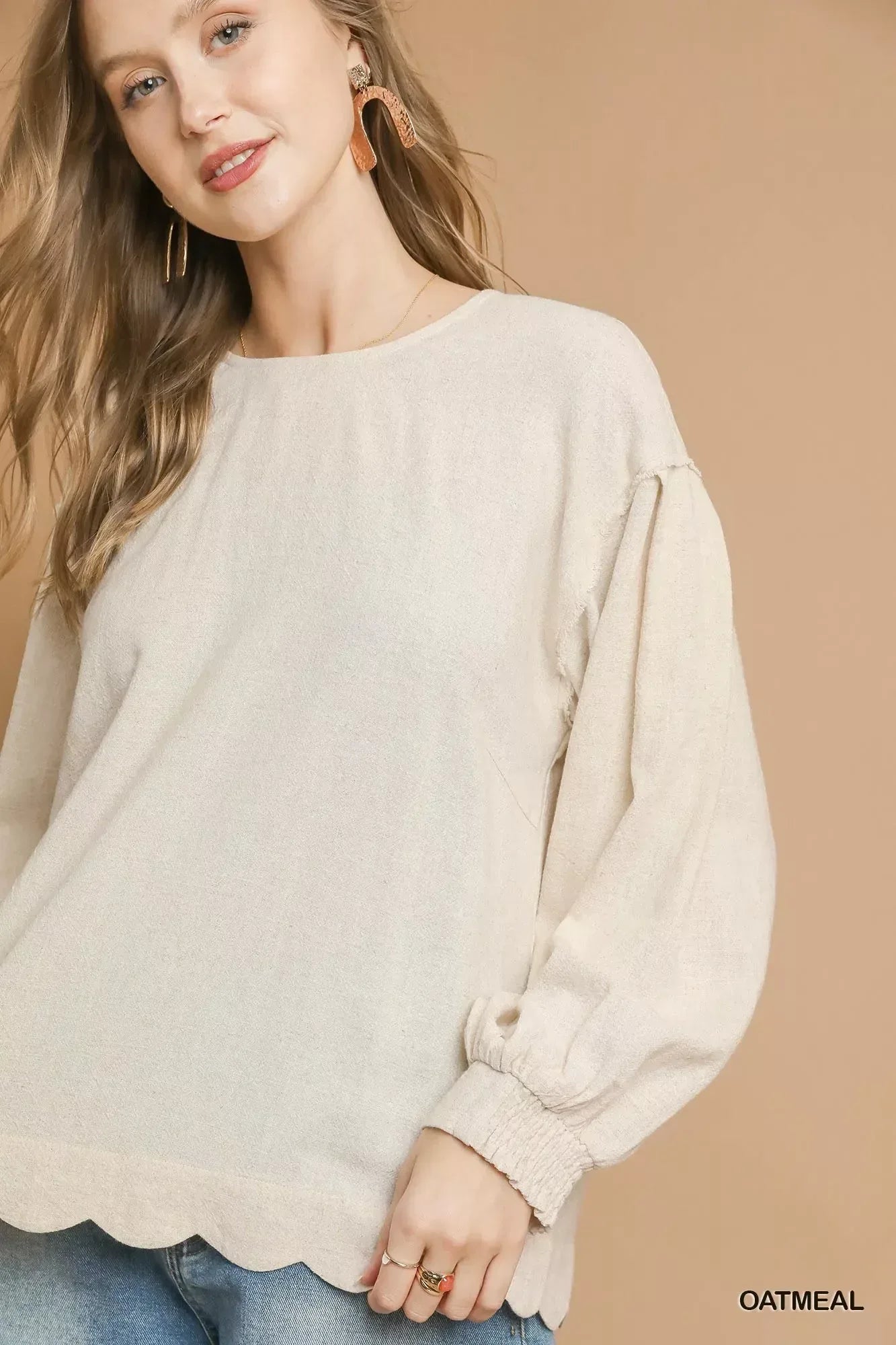 Umgee Linen Scallop Hem Long Sleeve Blouse - DAVERRI FASHIONS
