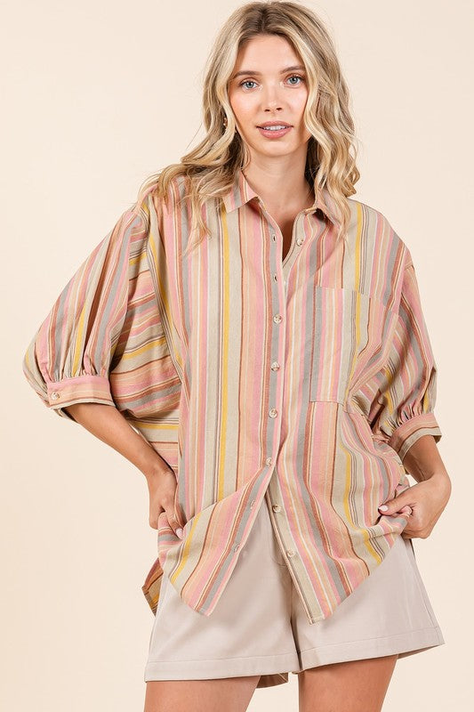 Mittoshop Striped Bubble Sleeve Button Down Shirt Multicolor