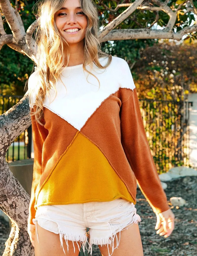 RUST MUSTARD BiBi Color Block Geometric Sweater | Sweaters Daverri Fashions