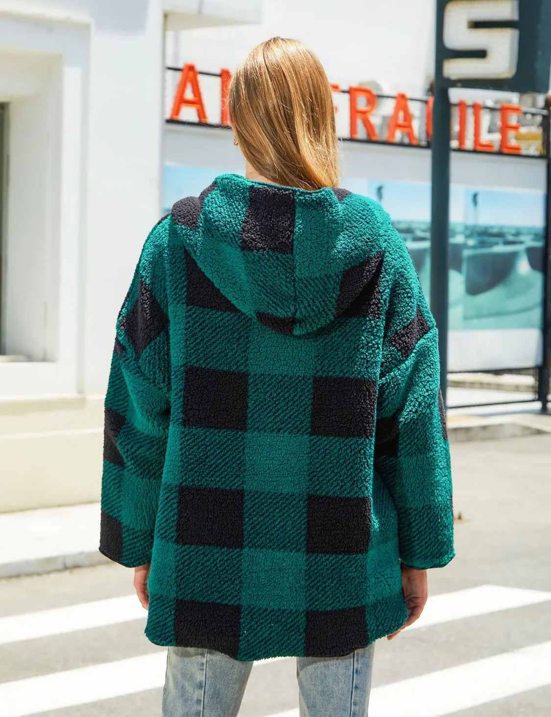 Green and black plaid teddy bear hooded jacket