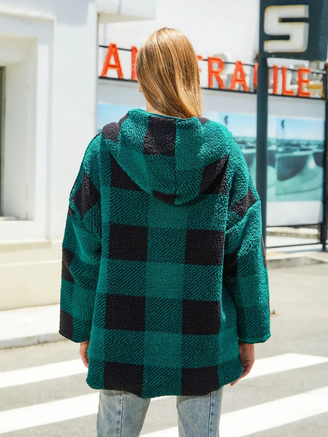 Green and black plaid teddy bear hooded jacket