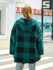 Green and black plaid teddy bear hooded jacket