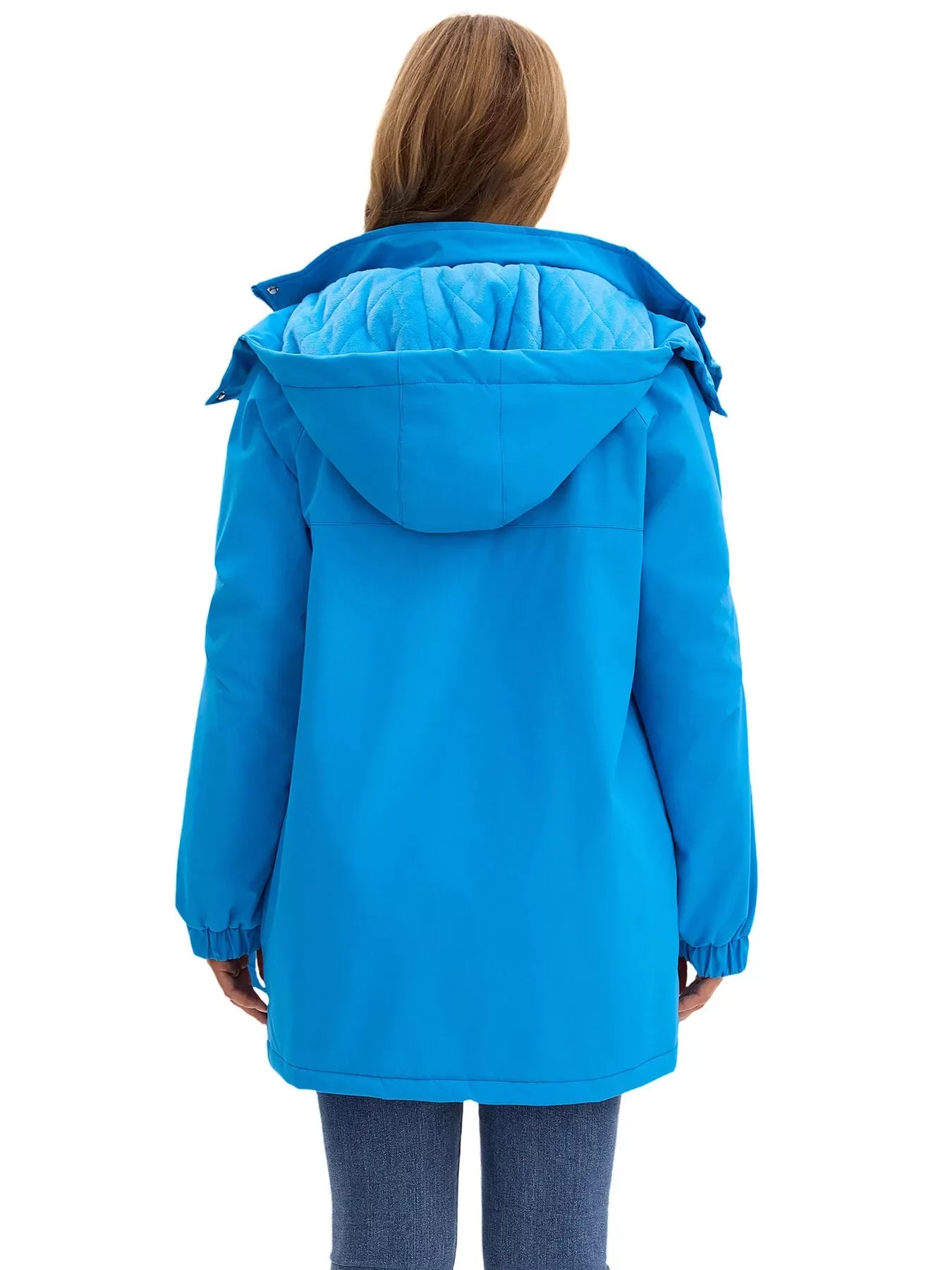 Bright blue Daverri Fashions hooded mid-length windproof plus size coat