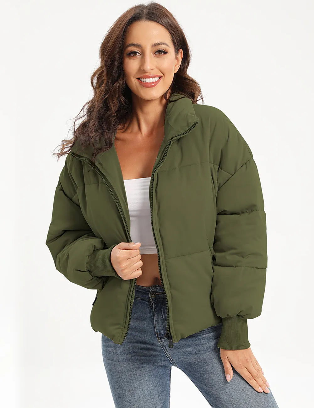 Olive green zip-up turtleneck puffer jacket with hood