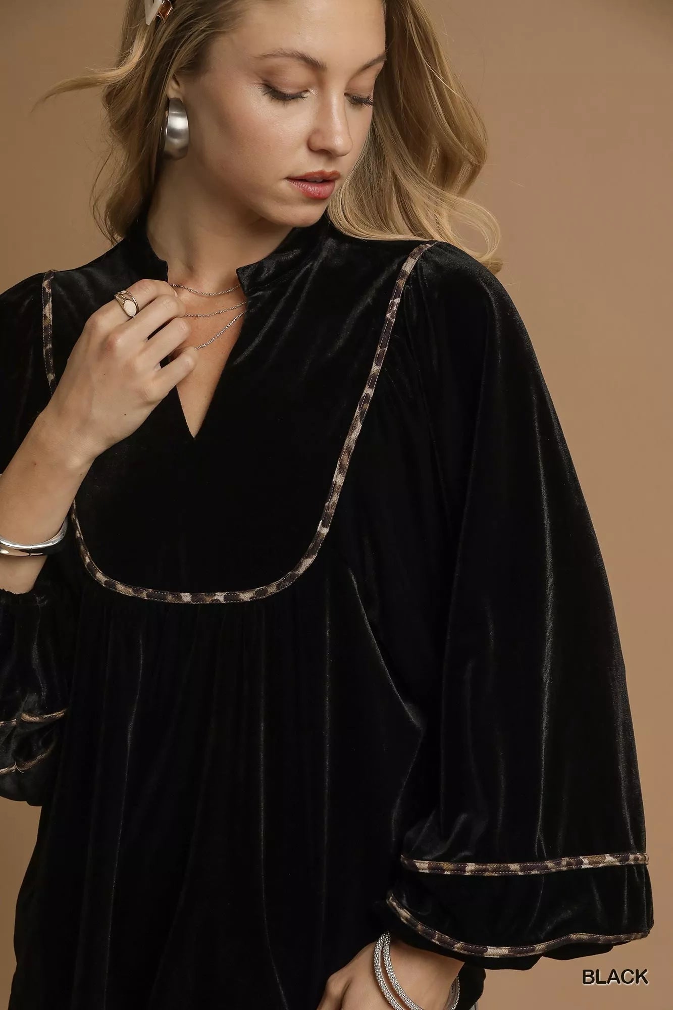 Umgee Velvet Long Sleeve Blouse with Contrast Trim | Blouses Daverri Fashions
