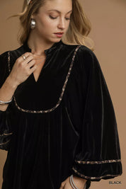 Umgee Velvet Long Sleeve Blouse with Contrast Trim | Blouses Daverri Fashions