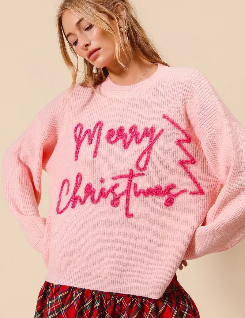 BLUSH PINK SO ME Merry Christmas Tinsel Lettering Sweater | Sweaters Daverri Fashions