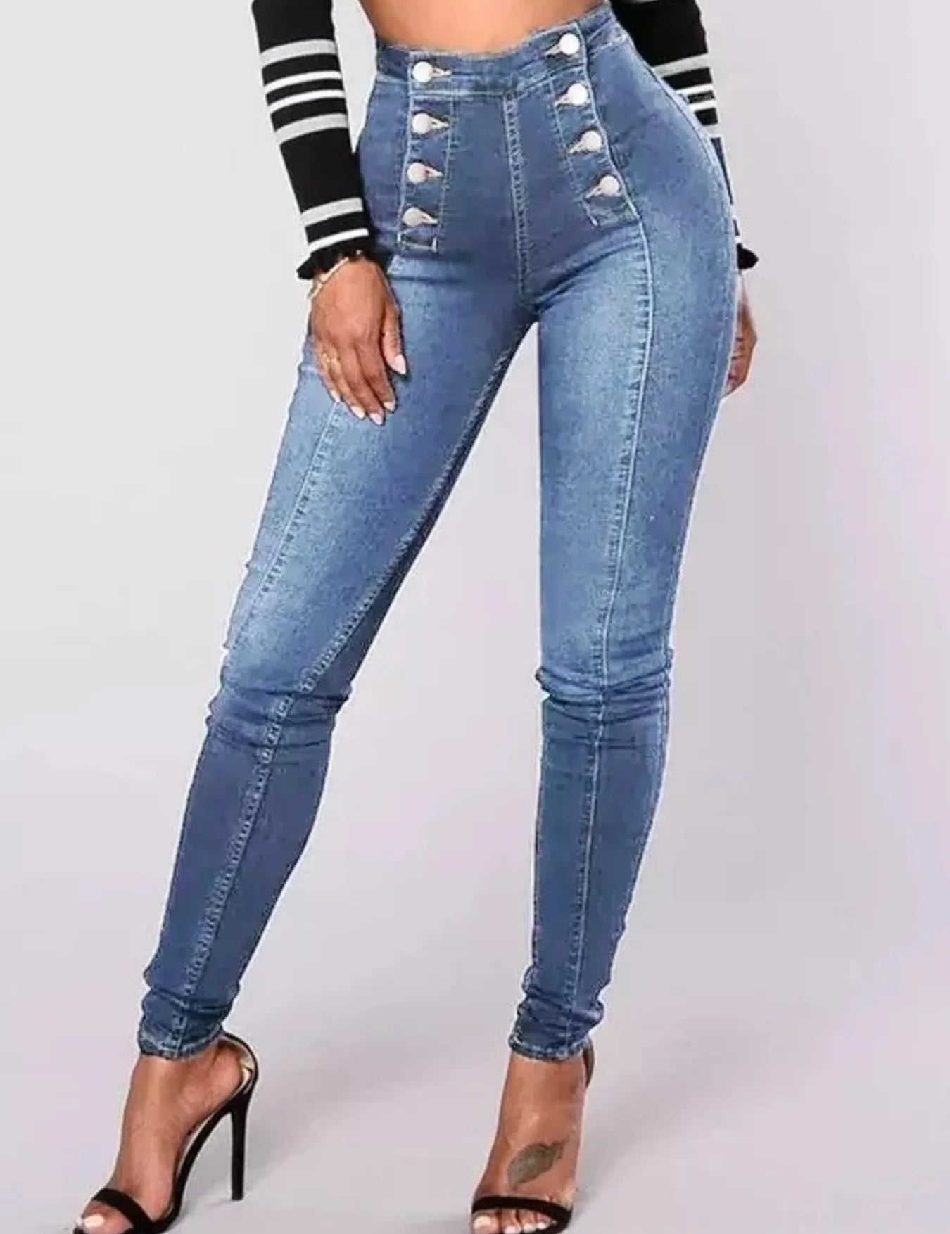 Light Blue Full Size High-Waisted Double-Breasted Skinny Jeans Plus Size | Jeans Daverri Fashions