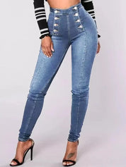 Light Blue Full Size High-Waisted Double-Breasted Skinny Jeans Plus Size | Jeans Daverri Fashions