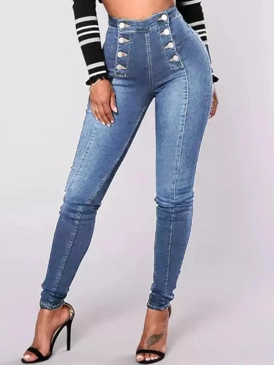 Light Blue Full Size High-Waisted Double-Breasted Skinny Jeans Plus Size | Jeans Daverri Fashions