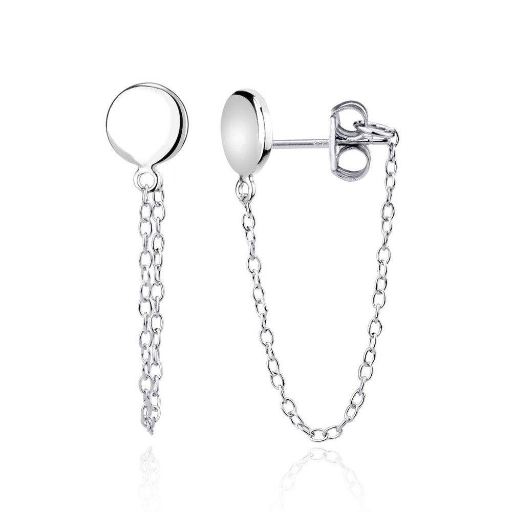 Sterling Silver Circle Stud with Looping Chain Earrings Earrings