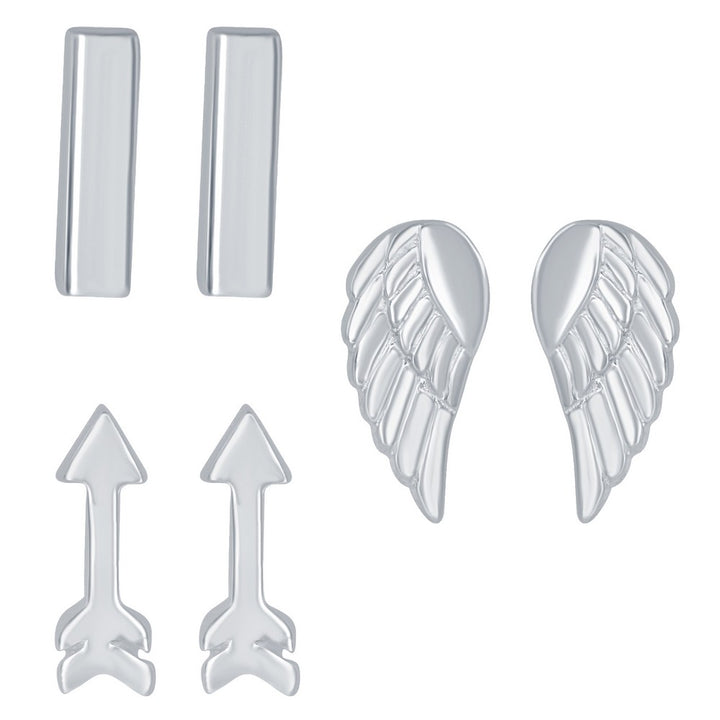 Sterling Silver Set of 3 Bar, Arrow, and Angel Wings Stud Earrings Earrings