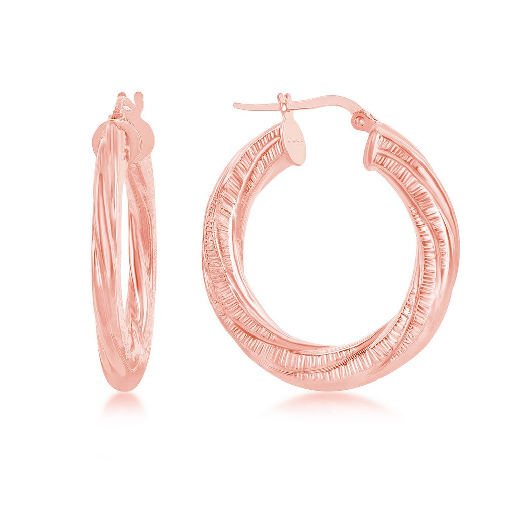 Sterling Silver Twist Design 30mm Hoop Earrings - Rose Gold Plated Earrings