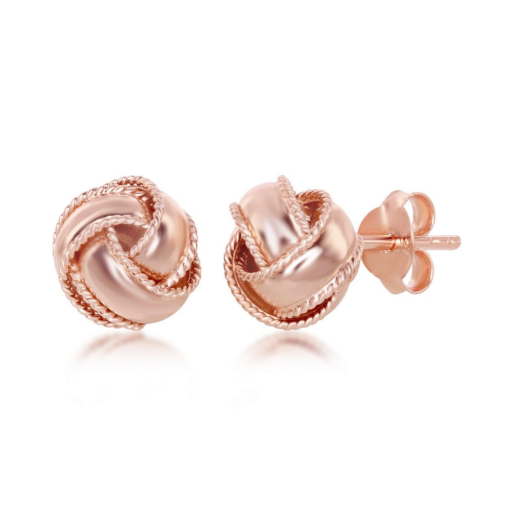 Sterling Silver Rope Border Love Knot Stud Earrings - Rose Gold Plated Earrings