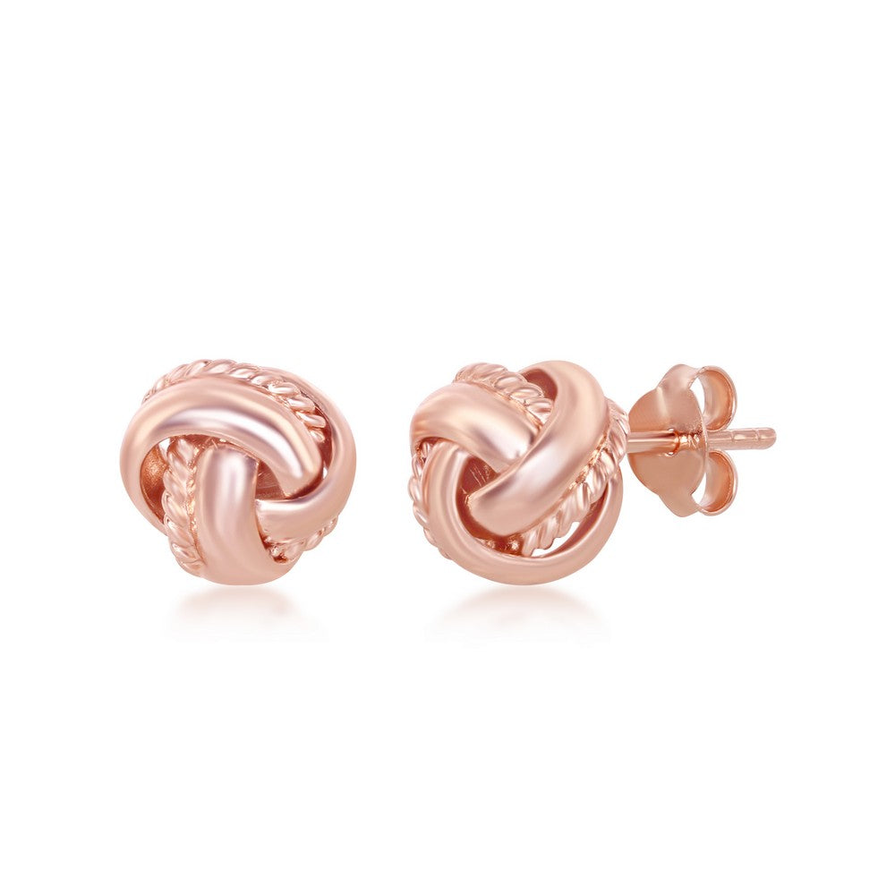 Sterling Silver Rope Border Love Knot Stud Earrings - Rose Gold Plated Earrings