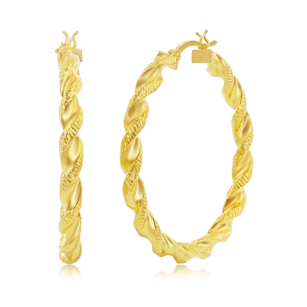 Sterling Silver Polished & Satin 40mm Twisted Hoops - Gold Plated Earrings