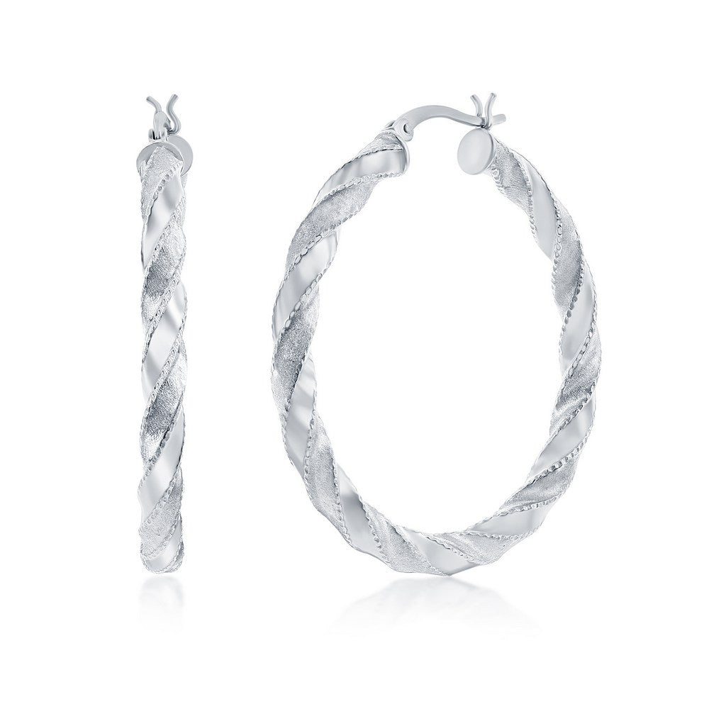 Sterling Silver Polished & Satin 40mm Twisted Hoops Earrings