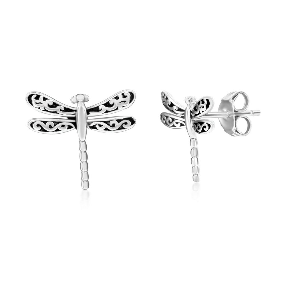 Sterling Silver Oxidized Dragonfly Studs Earrings