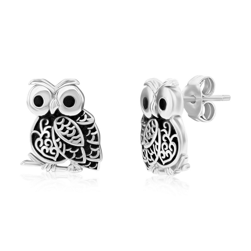 Sterling Silver Oxidized Owl Studs Earrings