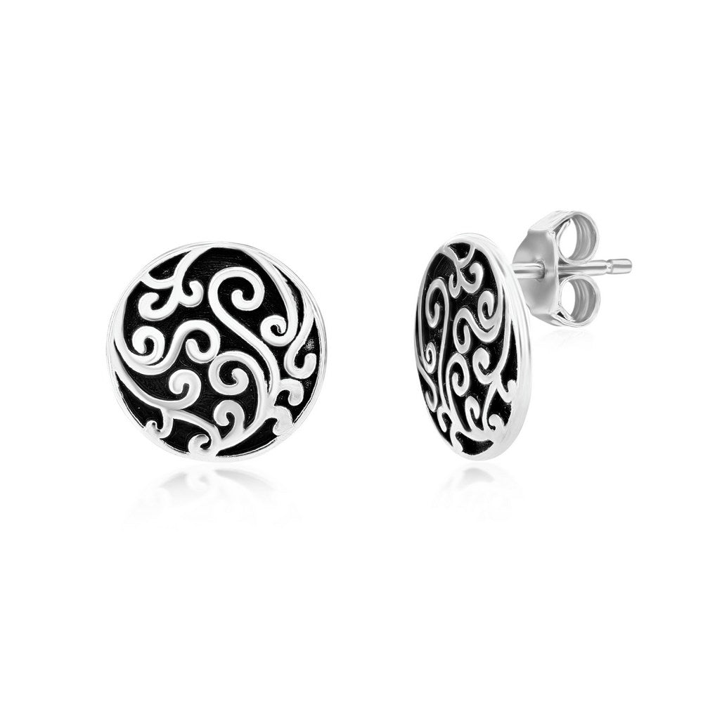 Sterling Silver Oxidized Round Filigree Design Stud Earrings Earrings