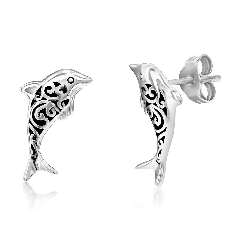 Sterling Silver Oxidized Dolphin Studs Earrings