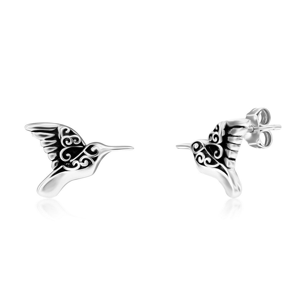 Sterling Silver Oxidized Hummingbird Studs Earrings