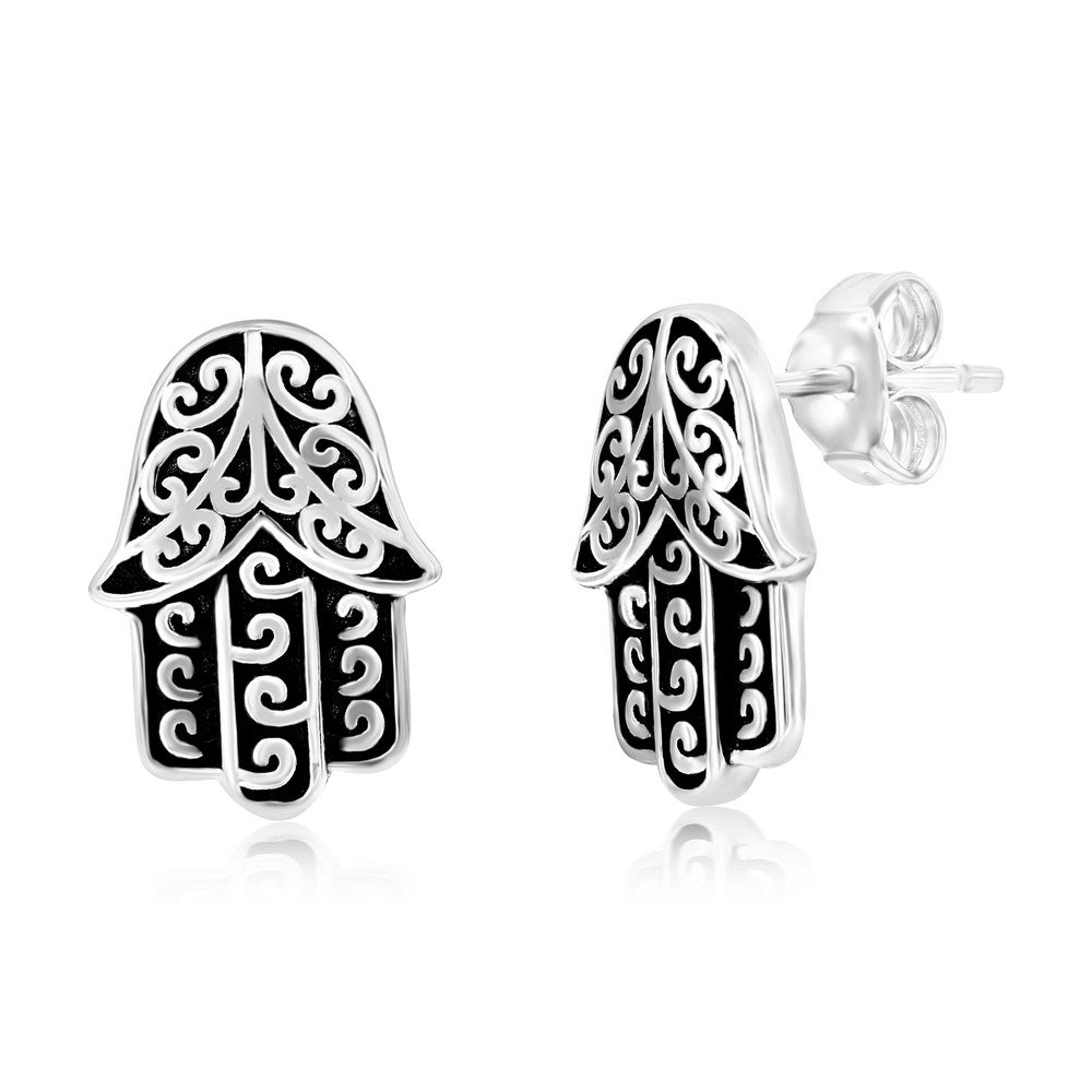 Sterling Silver Oxidized Hamsa Studs Earrings