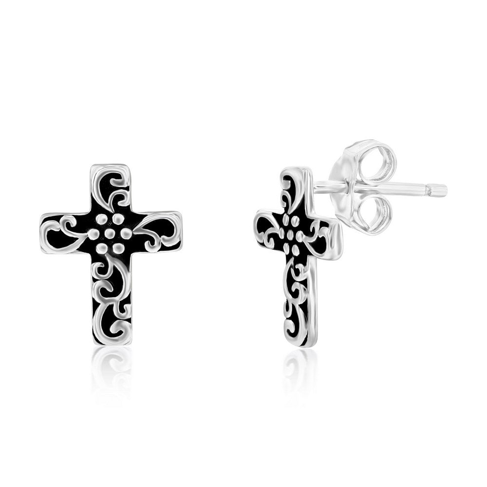 Sterling Silver Oxidized Cross Studs Earrings