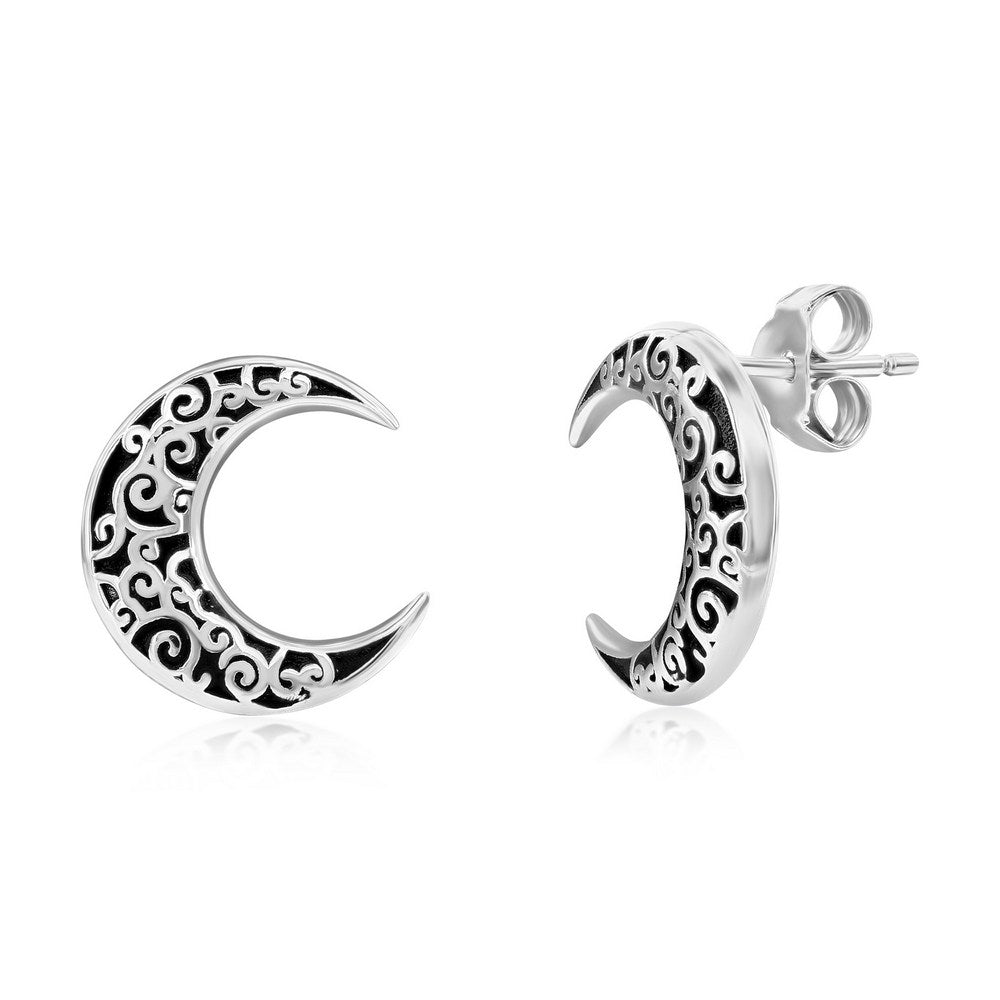 Sterling Silver Oxidized Crescent Moon Filigree Design Stud Earrings Earrings