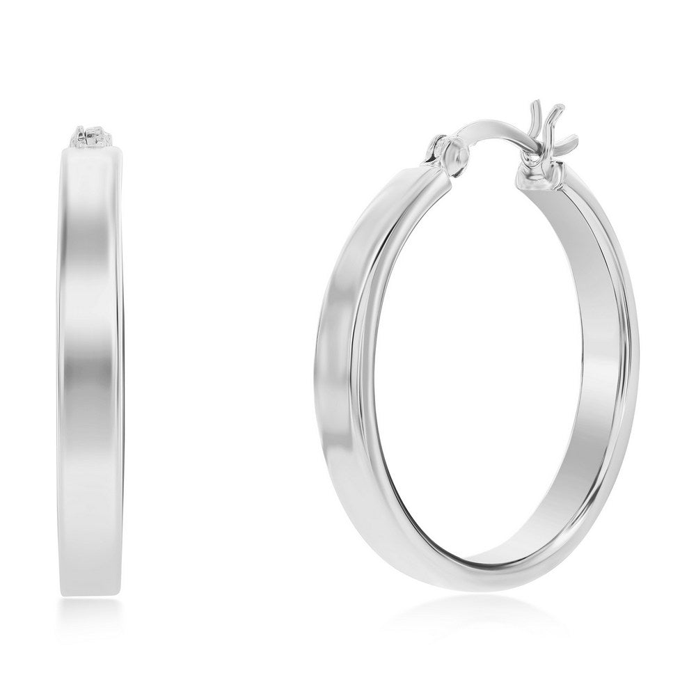 Sterling Silver 4x29mm Fancy Flat Hoop Earrings - Rhodium Plated Earrings