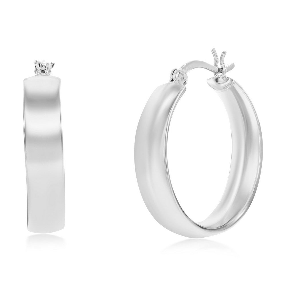 Sterling Silver 5.5x27mm Fancy Flat Hoop Earrings - Rhodium Plated Earrings