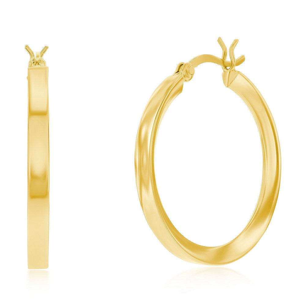 Sterling Silver 3x30mm Fancy Flat Hoop Earrings - Gold Plated Earrings