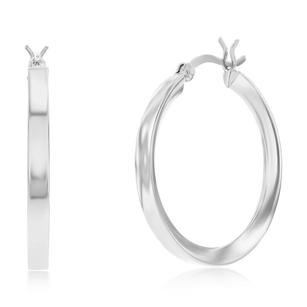 Sterling Silver 3x30mm Fancy Flat Hoop Earrings - Rhodium Plated Earrings