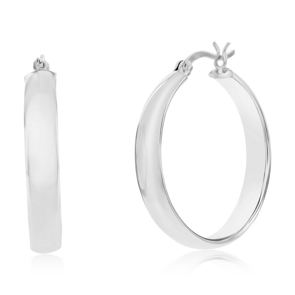 Sterling Silver 5x31mm Fancy Flat Hoop - Rhodium Plated Earrings