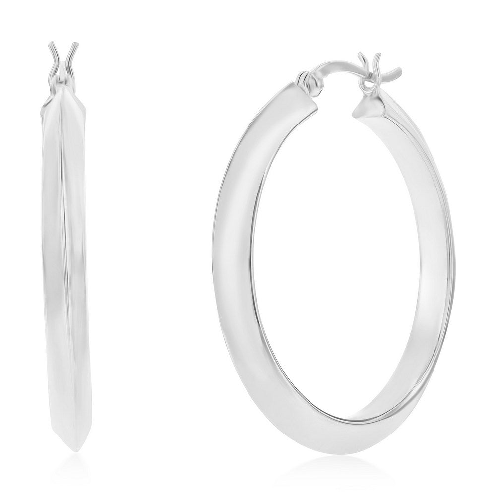 Sterling Silver 36mm Flat Hoop Earrings - Rhodium Plated Earrings