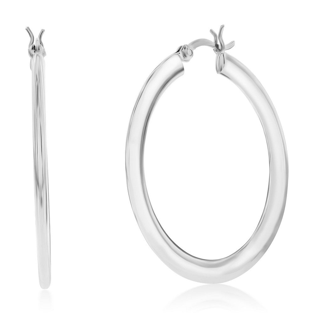 Sterling Silver 40mm Polished Flat Hoop Earrings - Rhodium Plated Earrings