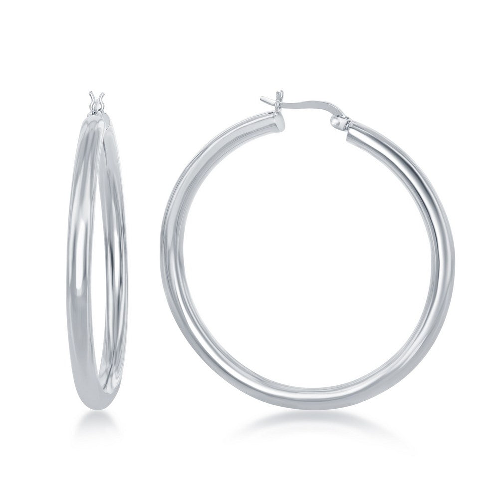 Sterling Silver 3x40mm High-Polished Hoop Earrings - Rhodium Plated Earrings