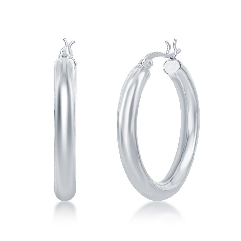 Sterling Silver 4x30mm High-Polished Hoop Earrings - Rhodium Plated Earrings