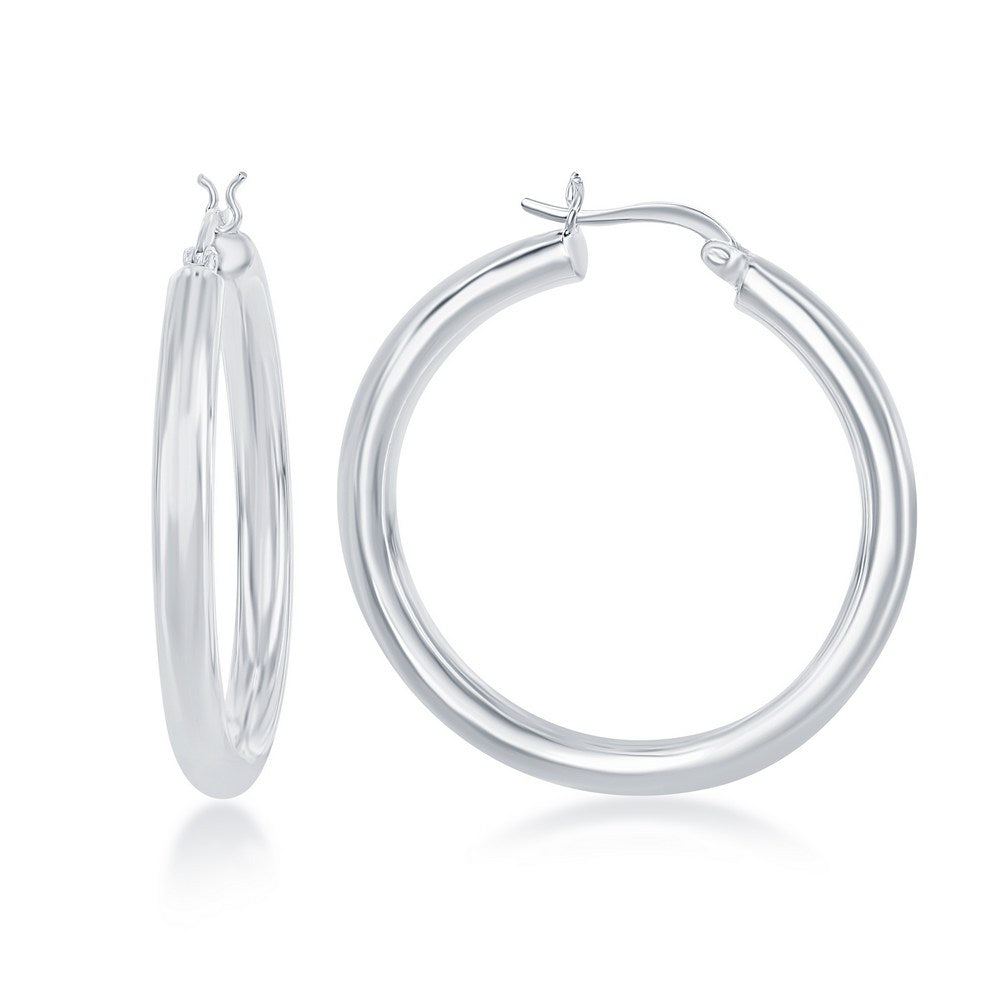 Sterling Silver 4x40mm High-Polished Hoop Earrings - Rhodium Plated Earrings