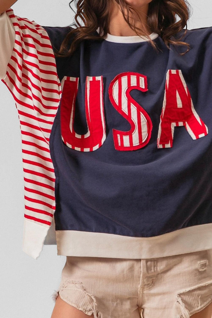 USA Letter Patchwork Short Sleeve T-Shirt Shirts & Tops