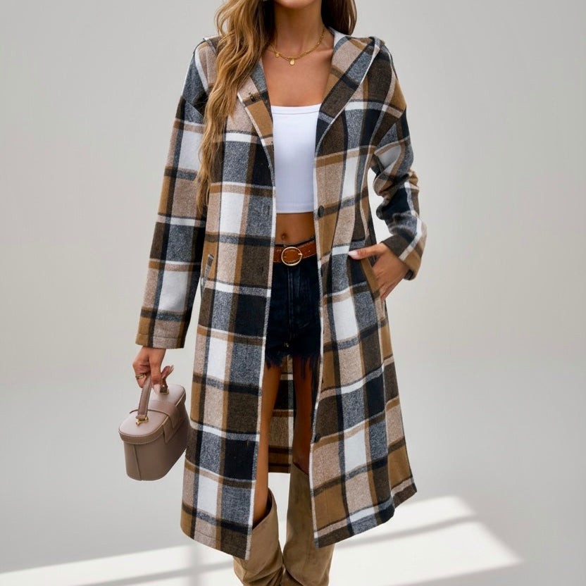 Devine Plaid Long Sleeve Hooded Coat | Coats Daverri Fashions